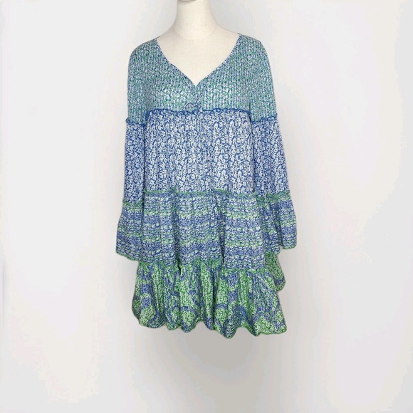 Chelsea & Theodore Dress Blue Green Tiered Mini Floral Boho Hippie‎ Beach Sz S - Picture 1 of 8
